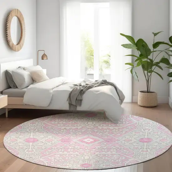 8' Pink Ivory And Gray Floral Washable Round Rug With UV Protection Photo 6