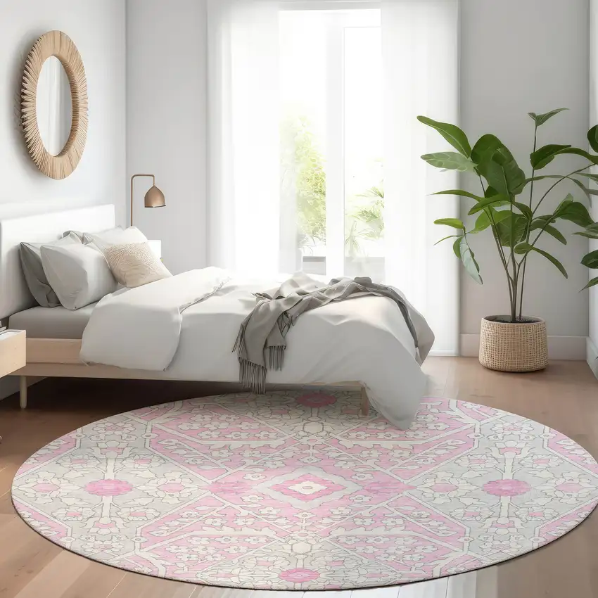 8' Pink Ivory And Gray Floral Washable Round Rug With UV Protection Photo 6