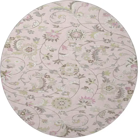 8' Pink Ivory And Gray Floral Washable Round Rug With UV Protection Photo 3