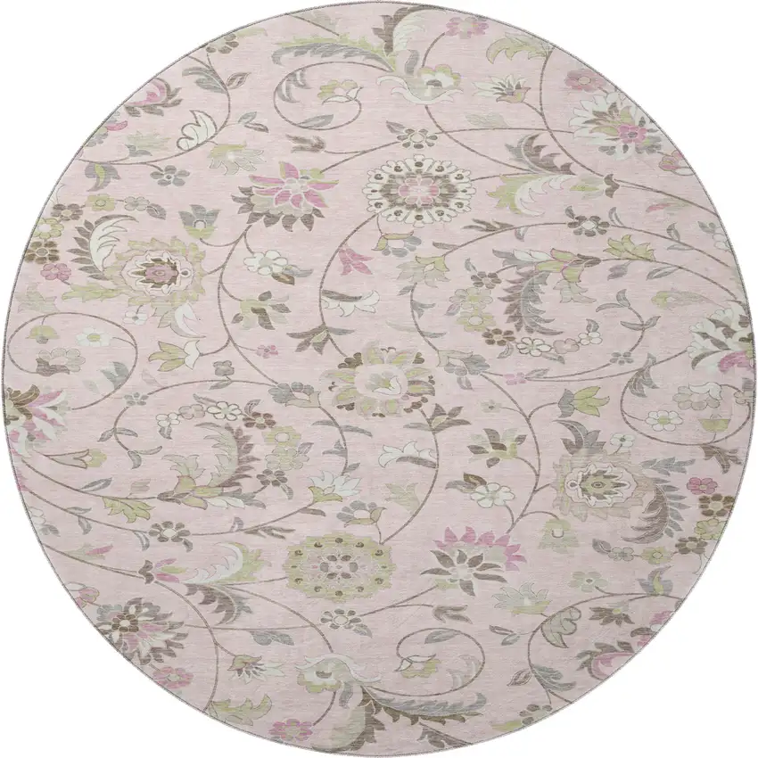 8' Pink Ivory And Gray Floral Washable Round Rug With UV Protection Photo 3