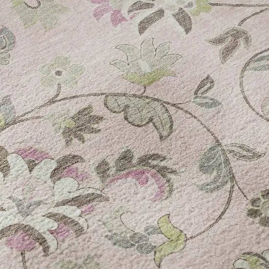 8' Pink Ivory And Gray Floral Washable Round Rug With UV Protection Photo 8