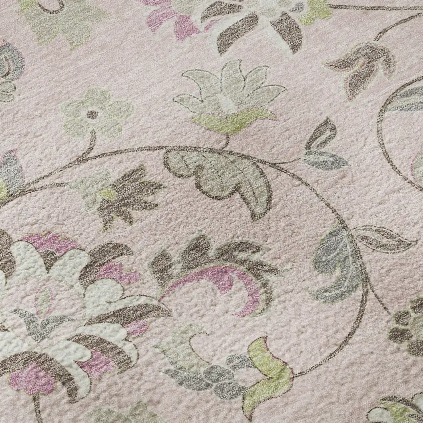 8' Pink Ivory And Gray Floral Washable Round Rug With UV Protection Photo 8