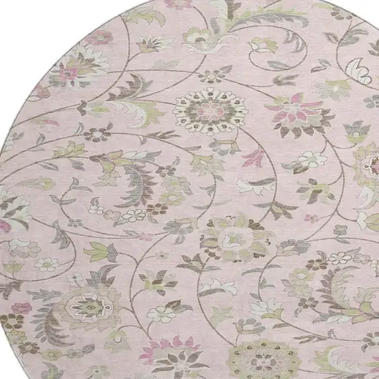 8' Pink Ivory And Gray Floral Washable Round Rug With UV Protection Photo 2