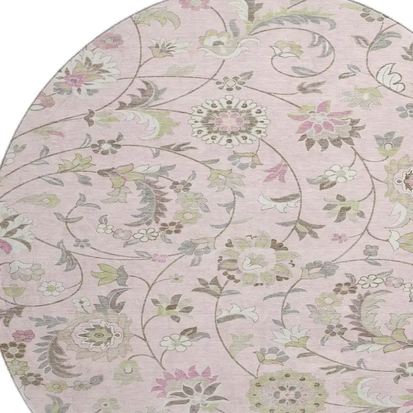 8' Pink Ivory And Gray Floral Washable Round Rug With UV Protection Photo 2