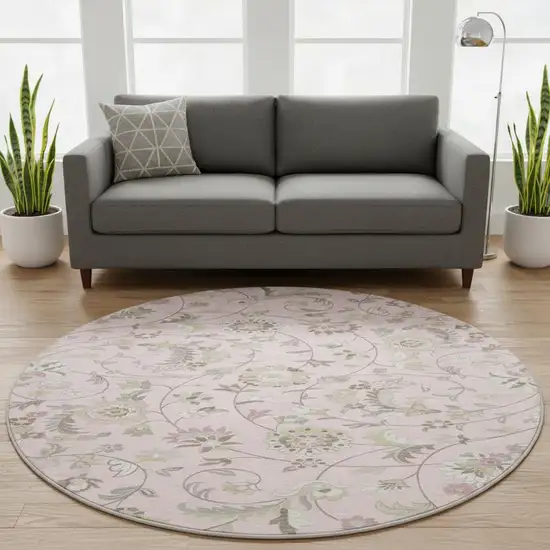 8' Pink Ivory And Gray Floral Washable Round Rug With UV Protection Photo 2