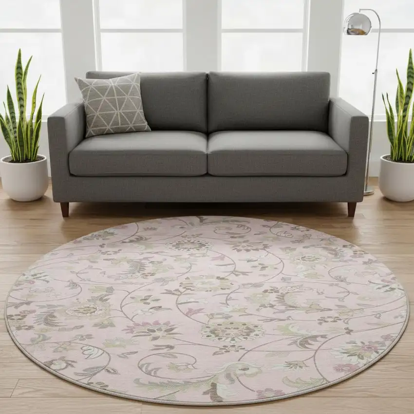 8' Pink Ivory And Gray Floral Washable Round Rug With UV Protection Photo 2