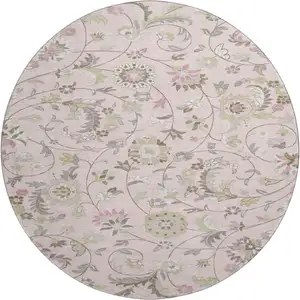 Photo of 8' Pink Ivory And Gray Floral Washable Round Rug With UV Protection