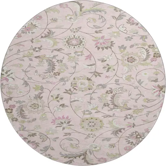 8' Pink Ivory And Gray Floral Washable Round Rug With UV Protection Photo 1