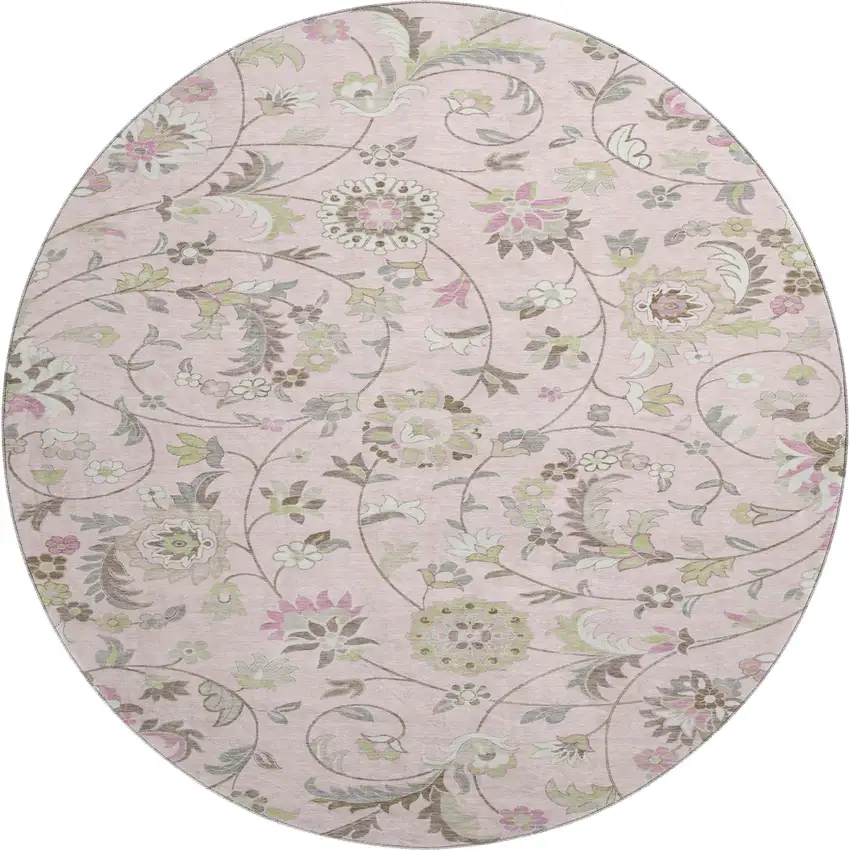 8' Pink Ivory And Gray Floral Washable Round Rug With UV Protection Photo 1