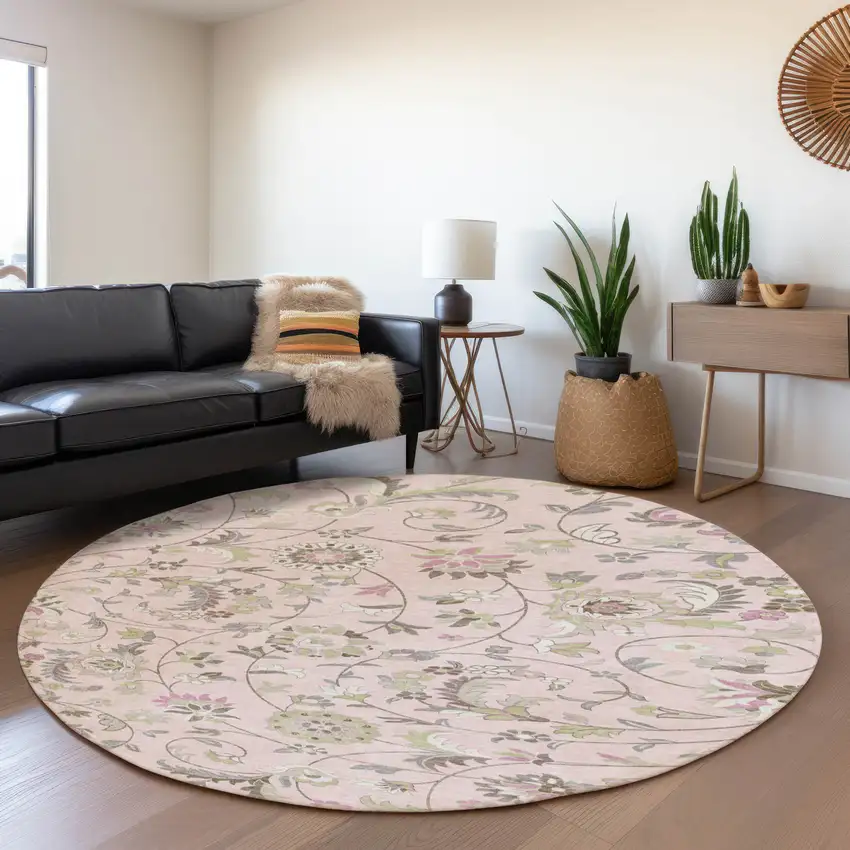 8' Pink Ivory And Gray Floral Washable Round Rug With UV Protection Photo 4