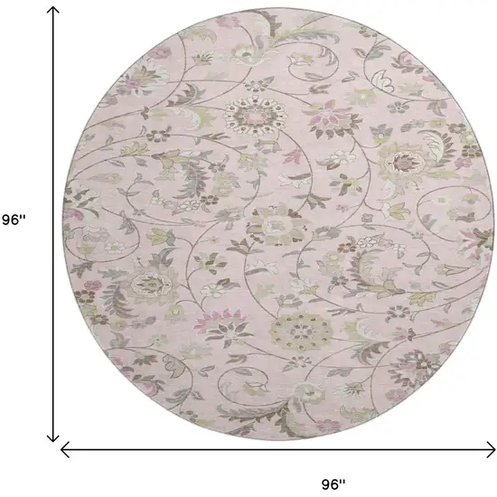 8' Pink Ivory And Gray Floral Washable Round Rug With UV Protection Photo 9