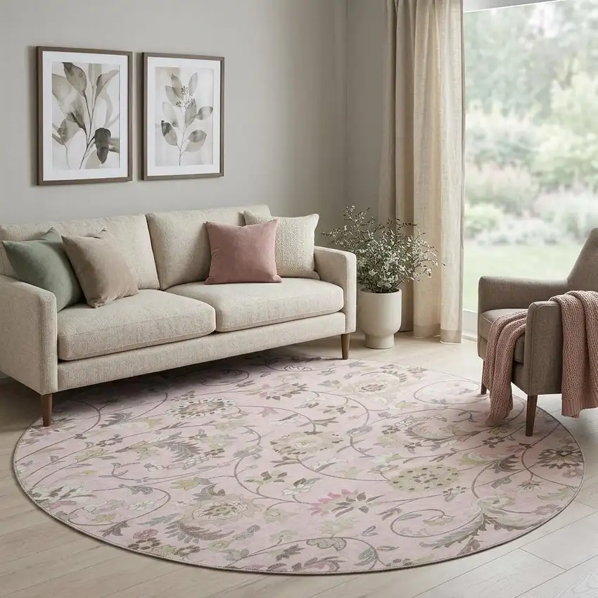 8' Pink Ivory And Gray Floral Washable Round Rug With UV Protection Photo 1