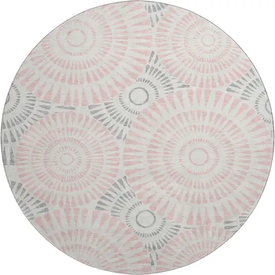 8' Pink Ivory And Gray Geometric Washable Round Rug With UV Protection Photo 1