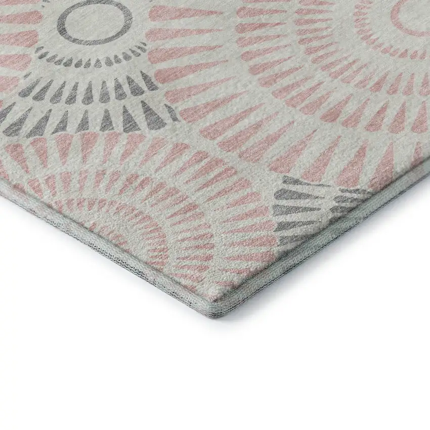8' Pink Ivory And Gray Geometric Washable Round Rug With UV Protection Photo 7