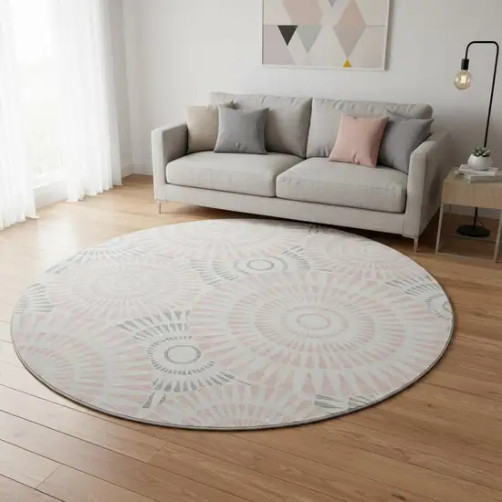 8' Pink Ivory And Gray Geometric Washable Round Rug With UV Protection Photo 2