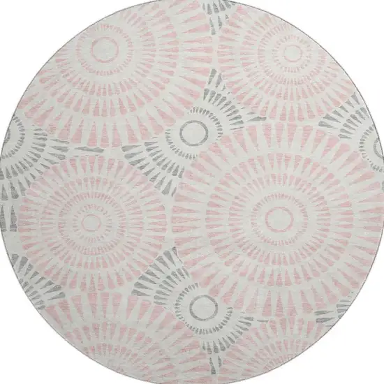 8' Pink Ivory And Gray Geometric Washable Round Rug With UV Protection Photo 4