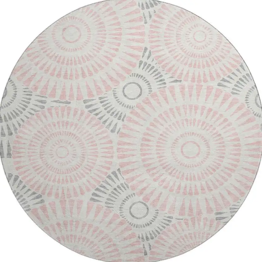 8' Pink Ivory And Gray Geometric Washable Round Rug With UV Protection Photo 4