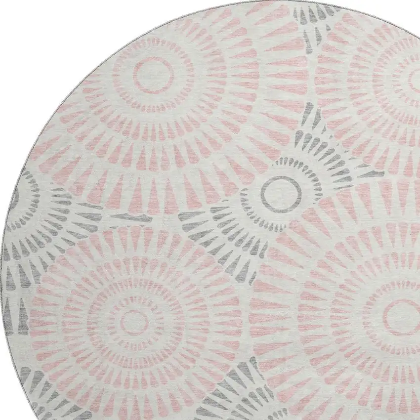 8' Pink Ivory And Gray Geometric Washable Round Rug With UV Protection Photo 3