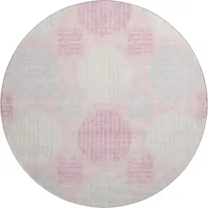 Photo of 8' Pink Ivory And Gray Geometric Washable Round Rug With UV Protection