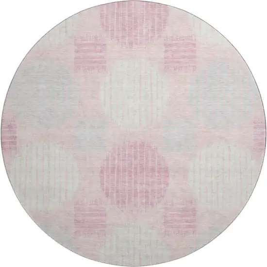 8' Pink Ivory And Gray Geometric Washable Round Rug With UV Protection Photo 1