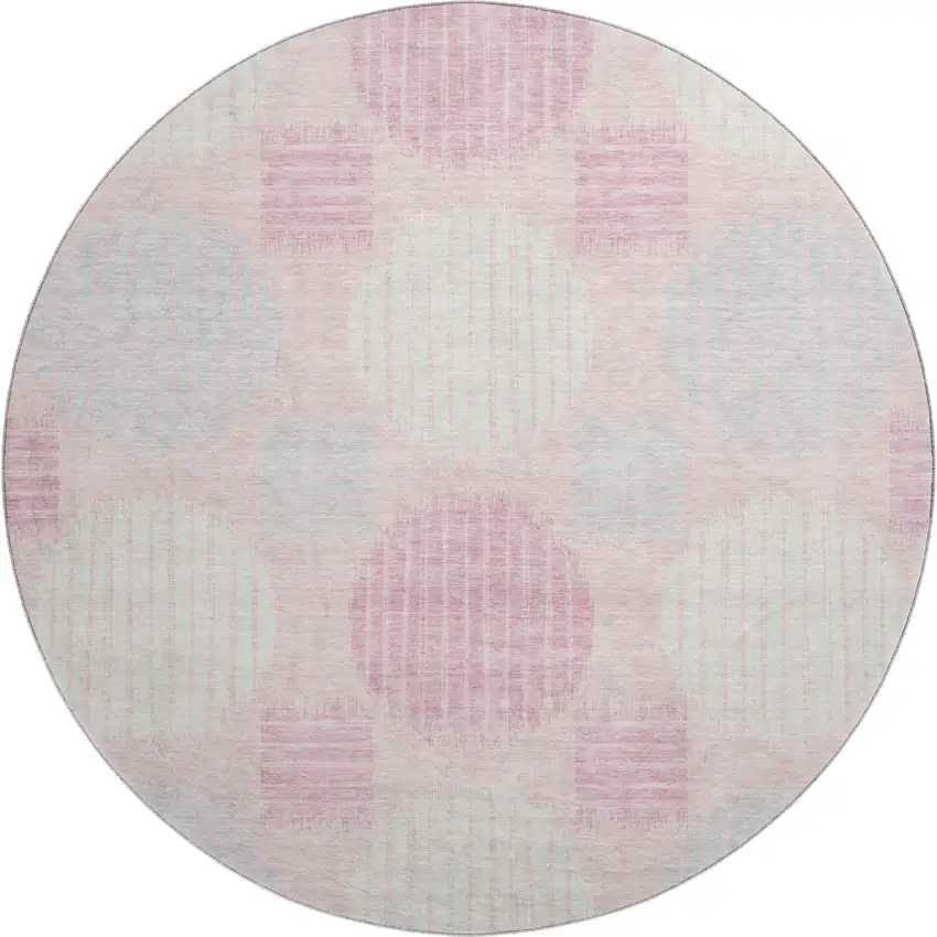 8' Pink Ivory And Gray Geometric Washable Round Rug With UV Protection Photo 1