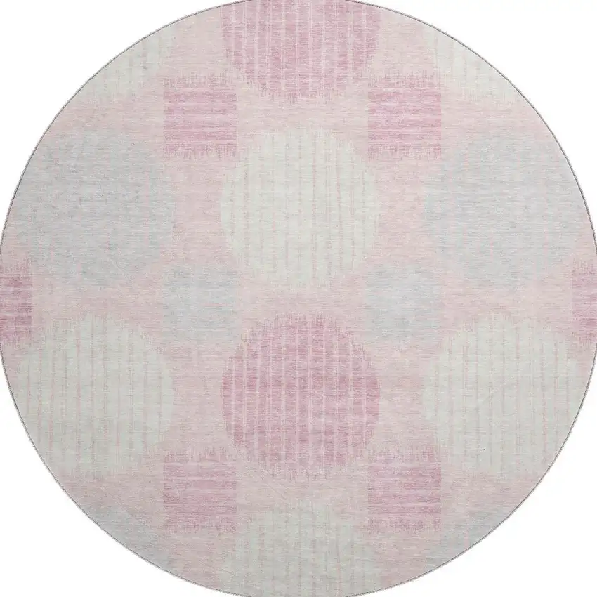 8' Pink Ivory And Gray Geometric Washable Round Rug With UV Protection Photo 3
