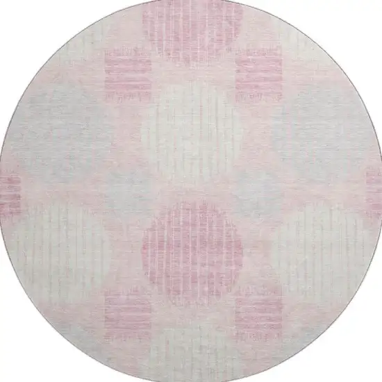 8' Pink Ivory And Gray Geometric Washable Round Rug With UV Protection Photo 3