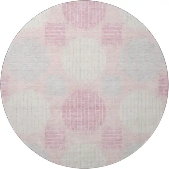 8' Pink Ivory And Gray Geometric Washable Round Rug With UV Protection Photo 4