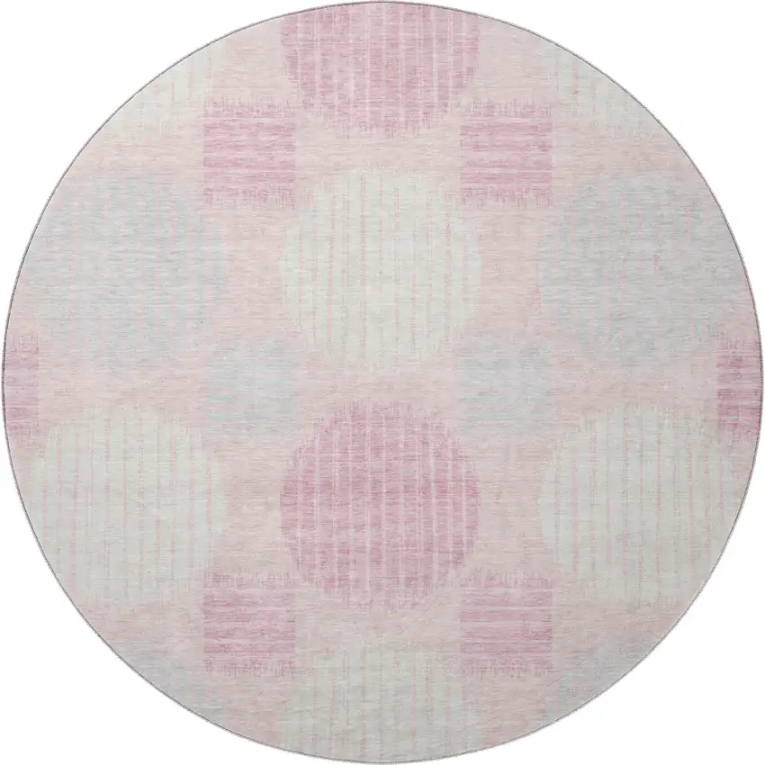 8' Pink Ivory And Gray Geometric Washable Round Rug With UV Protection Photo 4