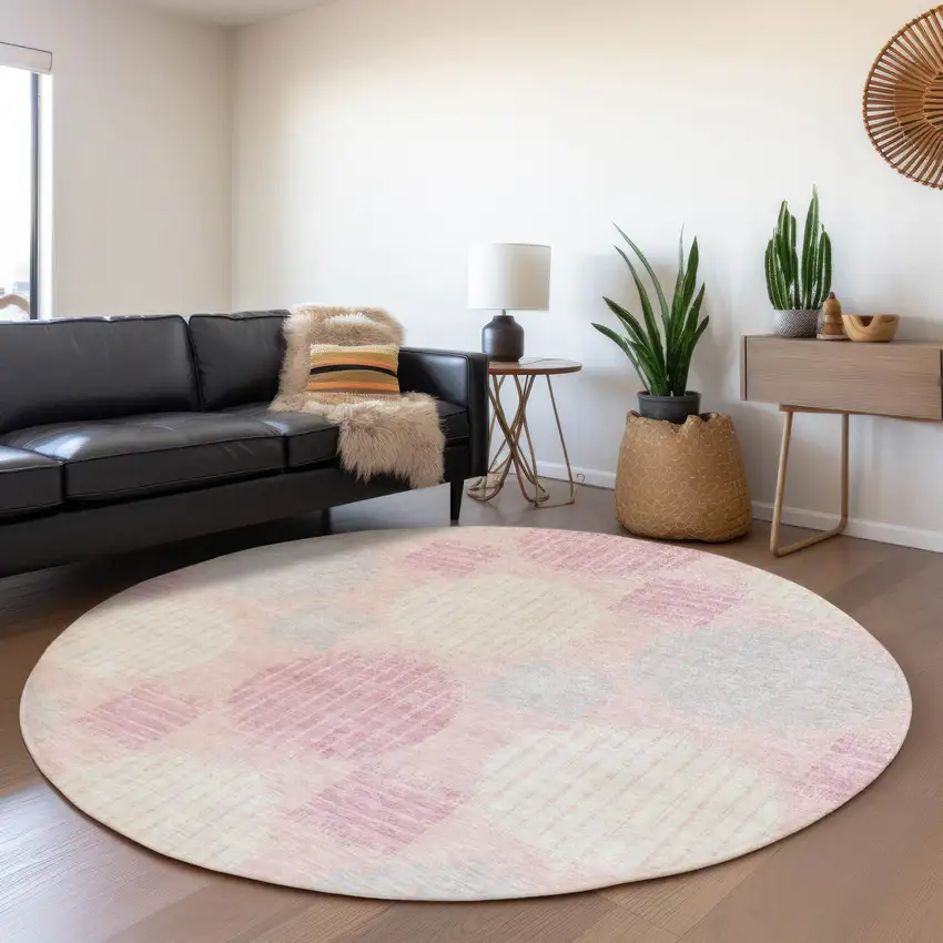 8' Pink Ivory And Gray Geometric Washable Round Rug With UV Protection Photo 5