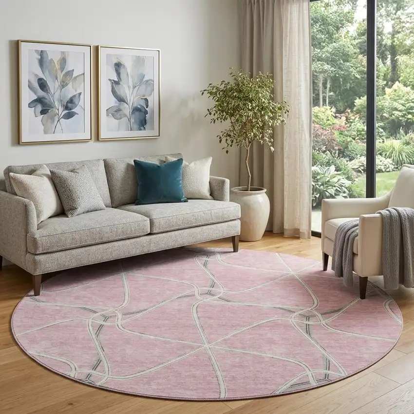 8' Pink Ivory And Gray Geometric Washable Round Rug With UV Protection Photo 1
