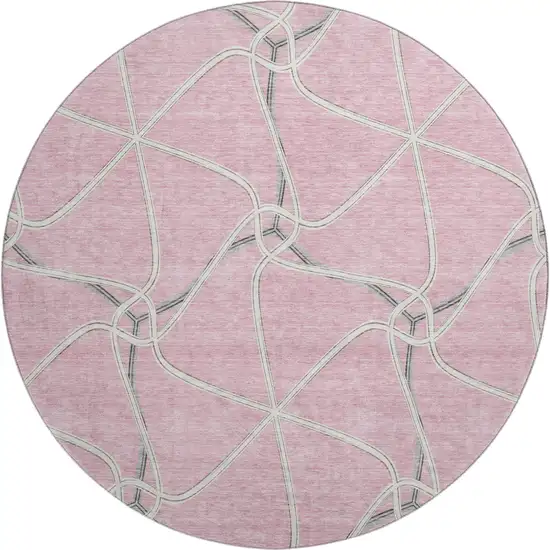 8' Pink Ivory And Gray Geometric Washable Round Rug With UV Protection Photo 1