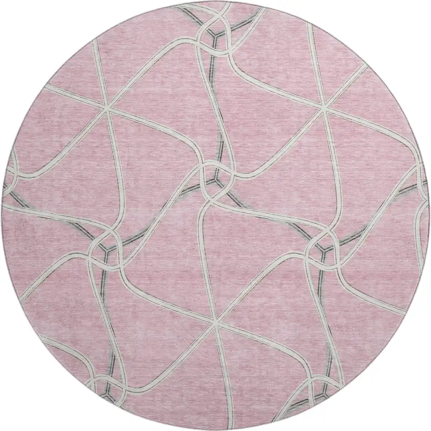 8' Pink Ivory And Gray Geometric Washable Round Rug With UV Protection Photo 1