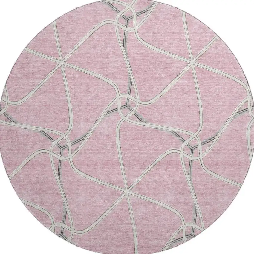 8' Pink Ivory And Gray Geometric Washable Round Rug With UV Protection Photo 3