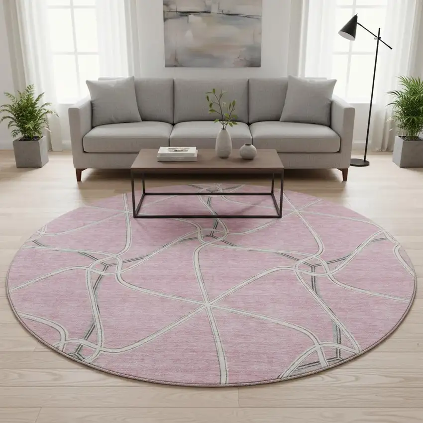 8' Pink Ivory And Gray Geometric Washable Round Rug With UV Protection Photo 2