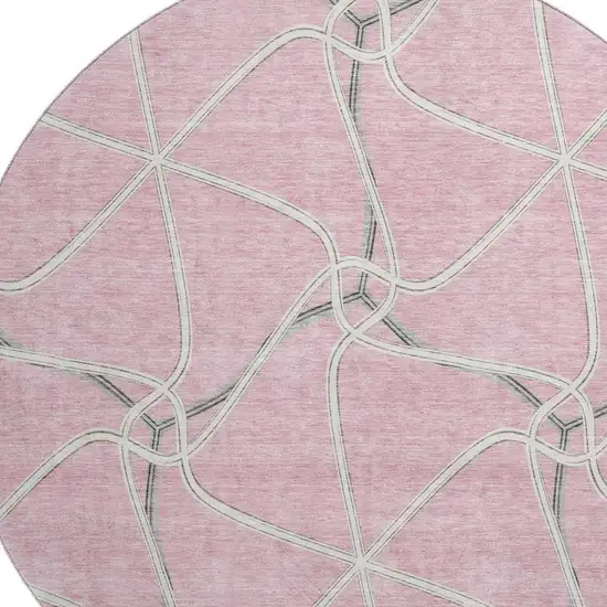 8' Pink Ivory And Gray Geometric Washable Round Rug With UV Protection Photo 2