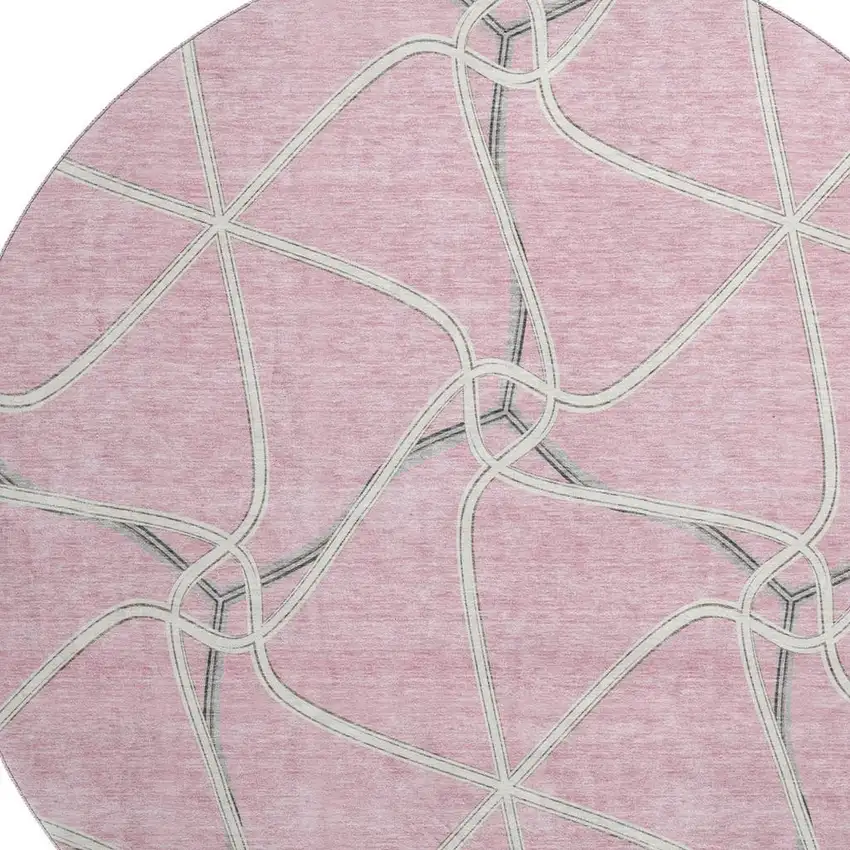 8' Pink Ivory And Gray Geometric Washable Round Rug With UV Protection Photo 2
