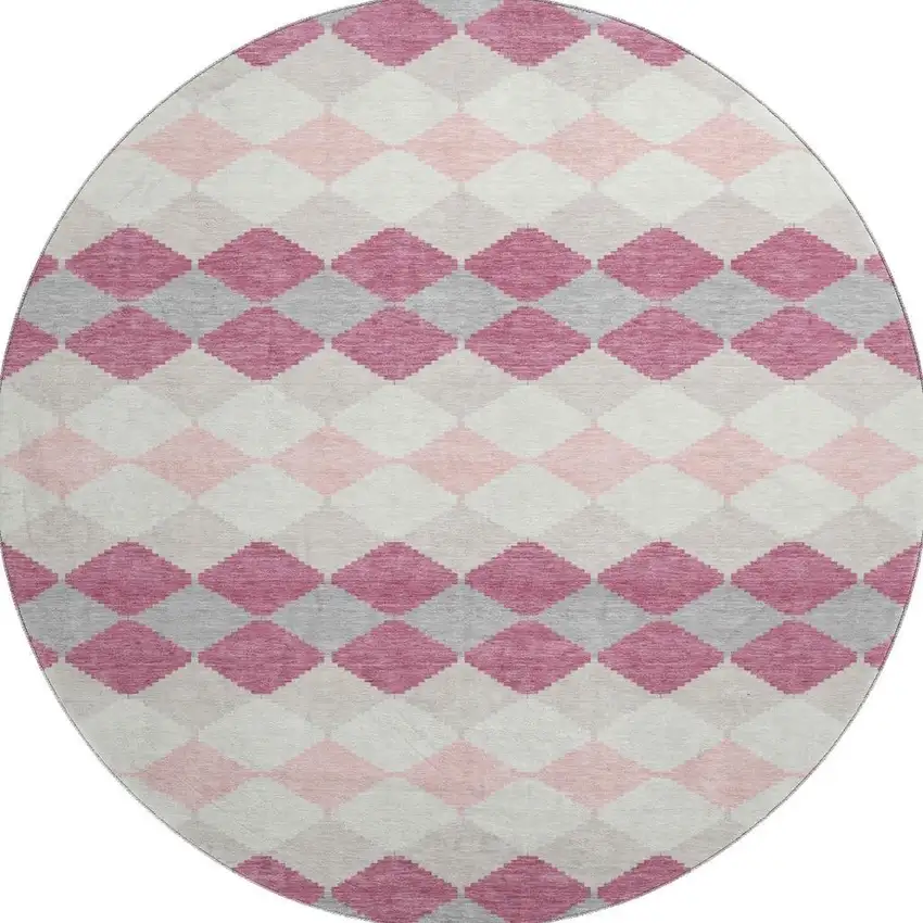 8' Pink Ivory And Gray Geometric Washable Round Rug With UV Protection Photo 3