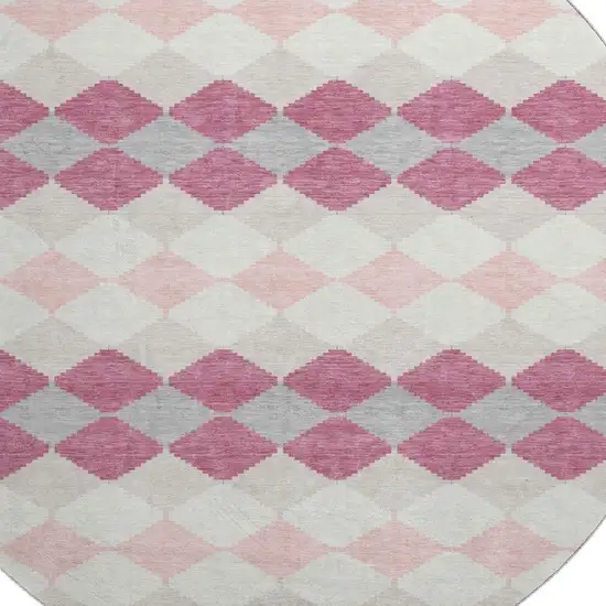 8' Pink Ivory And Gray Geometric Washable Round Rug With UV Protection Photo 2