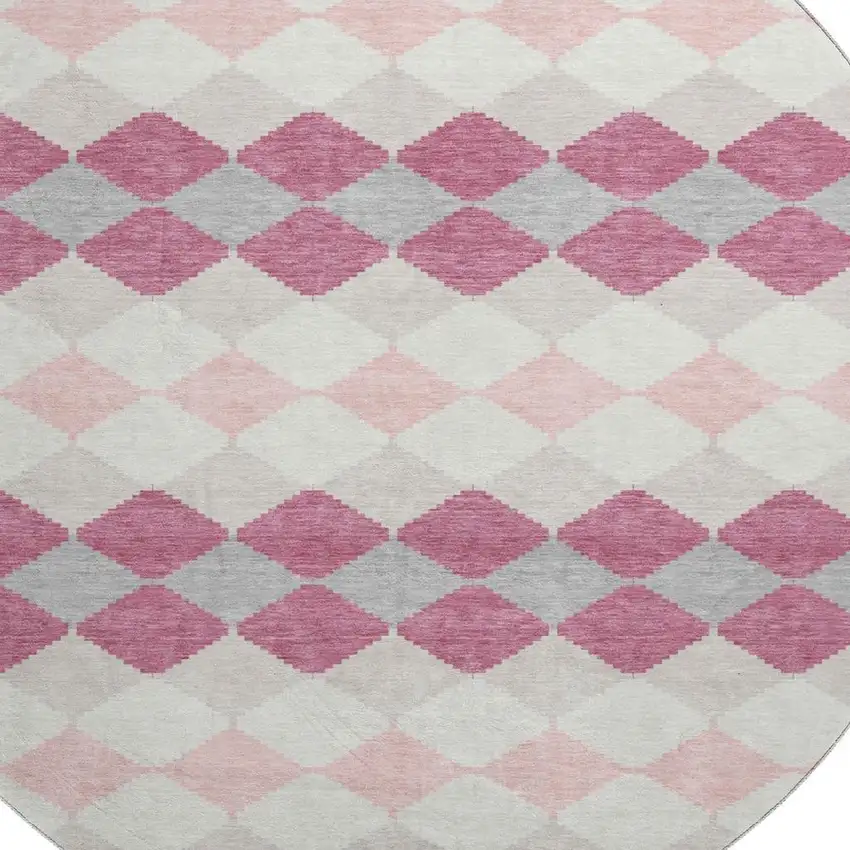 8' Pink Ivory And Gray Geometric Washable Round Rug With UV Protection Photo 2
