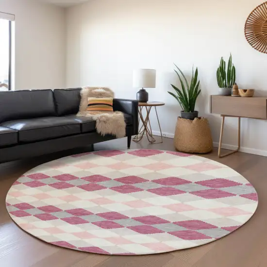 8' Pink Ivory And Gray Geometric Washable Round Rug With UV Protection Photo 4