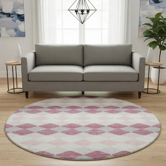 8' Pink Ivory And Gray Geometric Washable Round Rug With UV Protection Photo 2