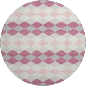 Photo of 8' Pink Ivory And Gray Geometric Washable Round Rug With UV Protection