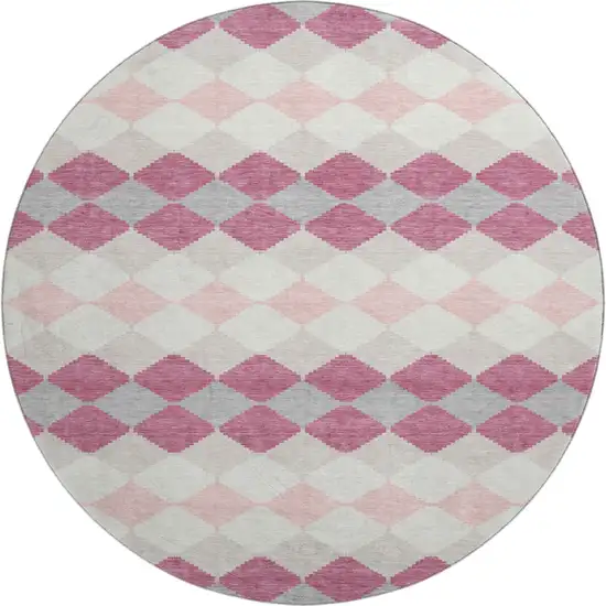 8' Pink Ivory And Gray Geometric Washable Round Rug With UV Protection Photo 1