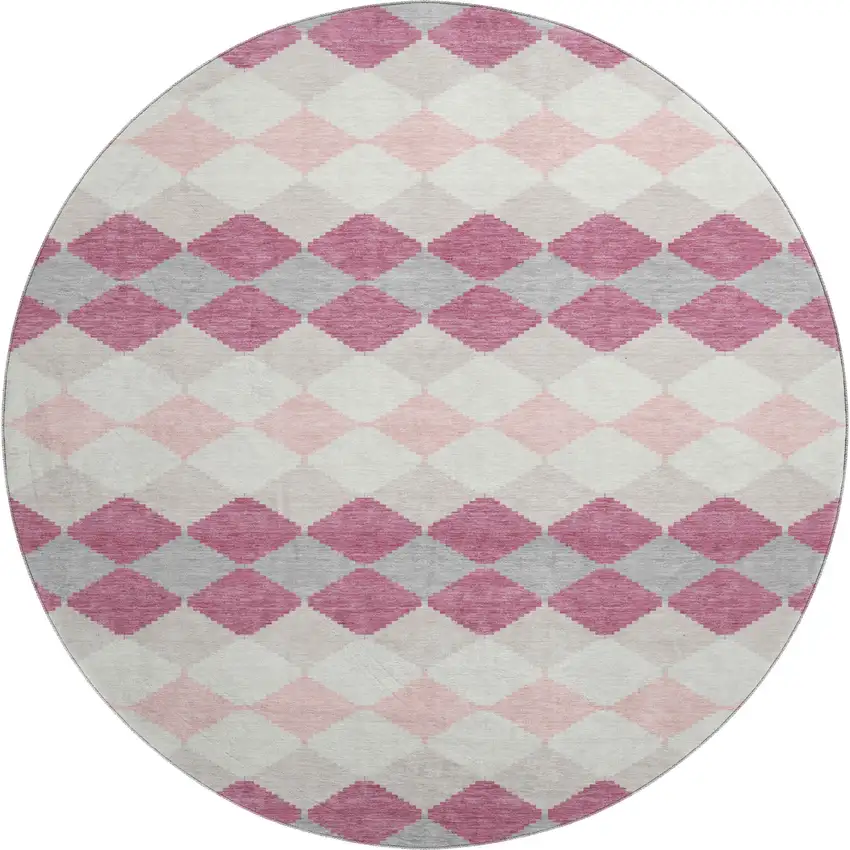 8' Pink Ivory And Gray Geometric Washable Round Rug With UV Protection Photo 1