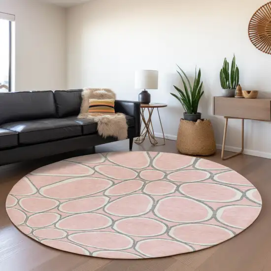 8' Pink Ivory And Gray Geometric Washable Round Rug With UV Protection Photo 4