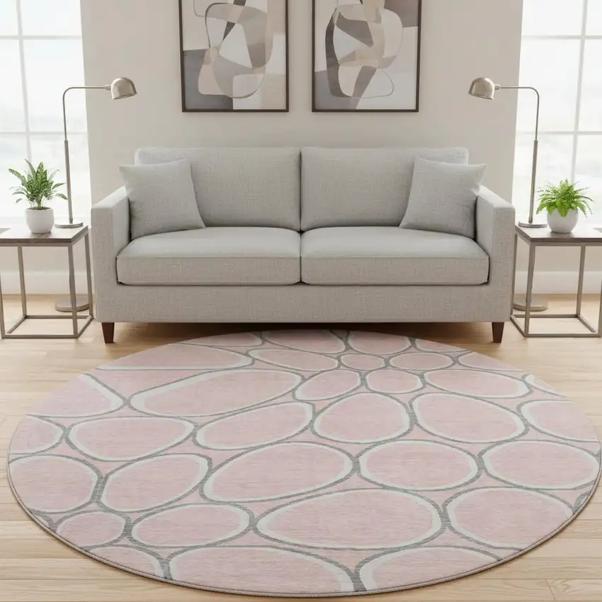 8' Pink Ivory And Gray Geometric Washable Round Rug With UV Protection Photo 2