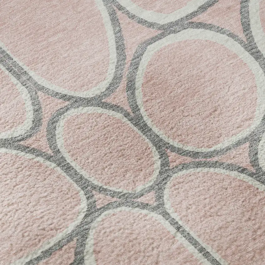 8' Pink Ivory And Gray Geometric Washable Round Rug With UV Protection Photo 8