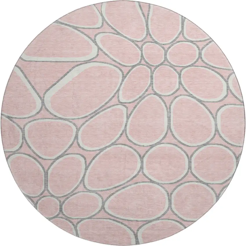 8' Pink Ivory And Gray Geometric Washable Round Rug With UV Protection Photo 1