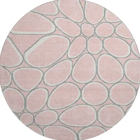 8' Pink Ivory And Gray Geometric Washable Round Rug With UV Protection Photo 3